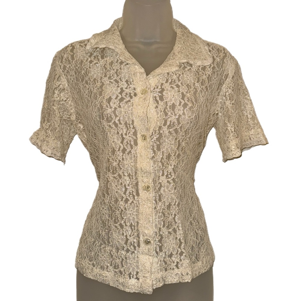 80s Vintage Sheer Lace Button Down Polo Blouse
